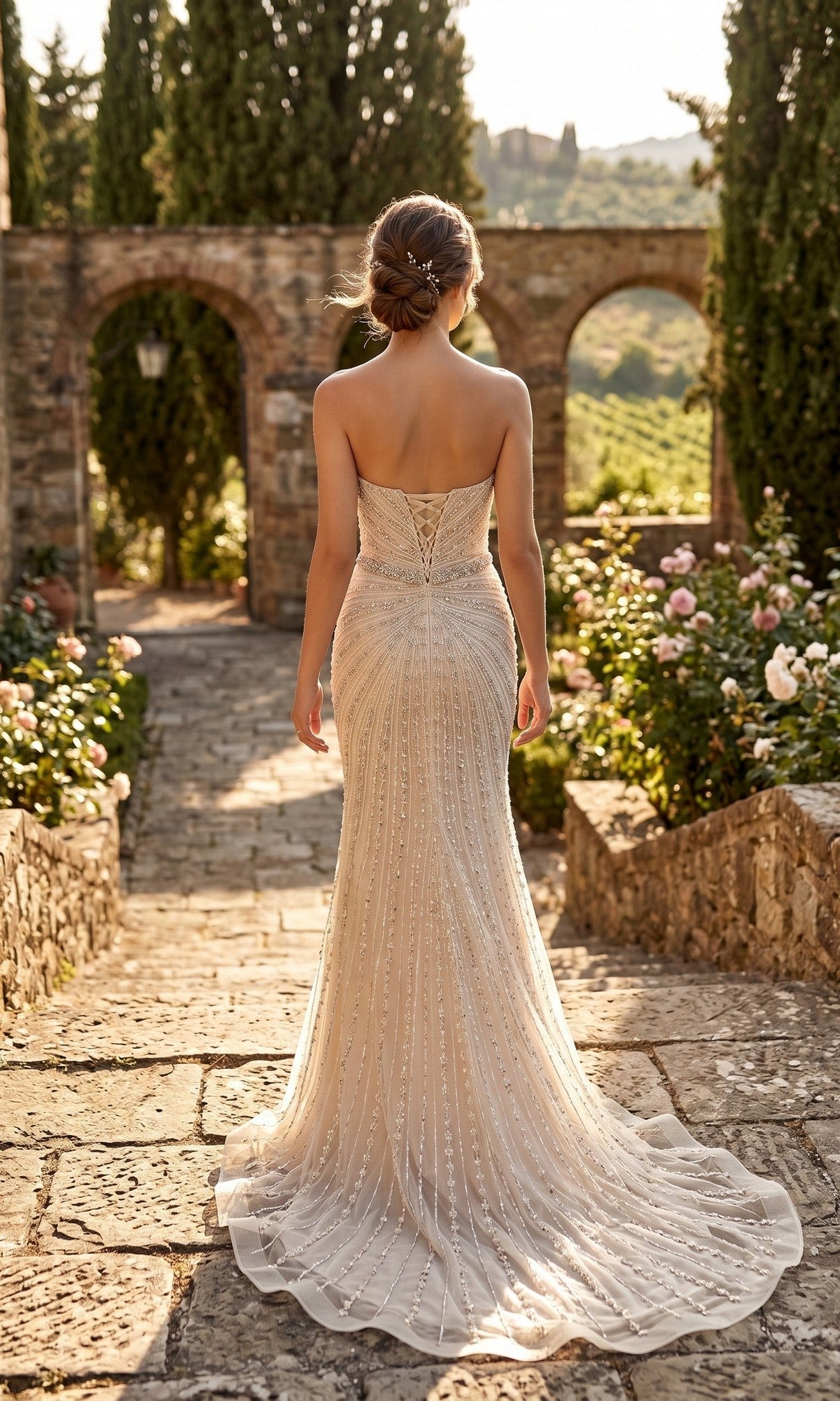 A woman wearing the Long Prom Dress: Chicas YG5043, a strapless gown embellished with beaded details, stands on stone steps in a garden surrounded by arches, greenery, and flowers, facing away from the camera.